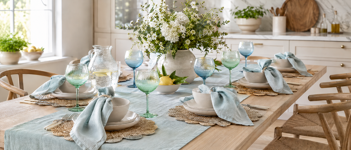 A bright kitchen dining table set with blue tableware, linen napkins and flowers.