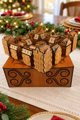 Cherry wood Christmas Advent Village and decorative storage box styled on a Christmas table.