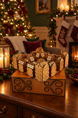Cherry wood Advent Village styled in a warmly decorated Christmas room.