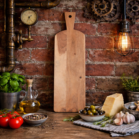 Wooden cutting board on a rustic brick wall with ingredients and a lamp.