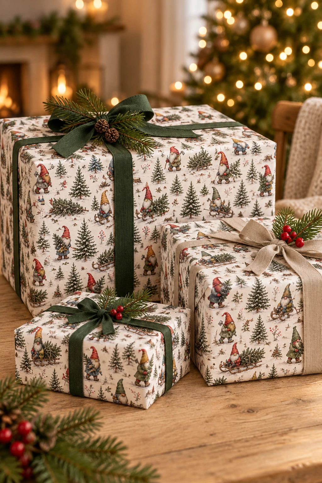 Three Christmas gifts wrapped in Tree Harvest gnome paper with green and linen bows.