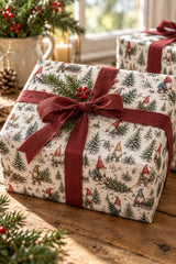 Close-up of Christmas gnome gift wrap with a burgundy ribbon and detailed tree-harvesting scenes.