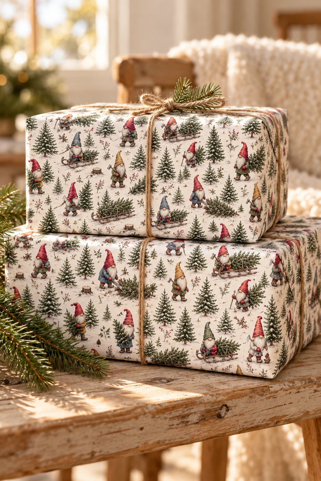 Two stacked Christmas gnome parcels with twine on a rustic pine bench.