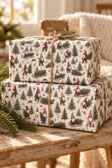 Two stacked Christmas gnome parcels with twine on a rustic pine bench.