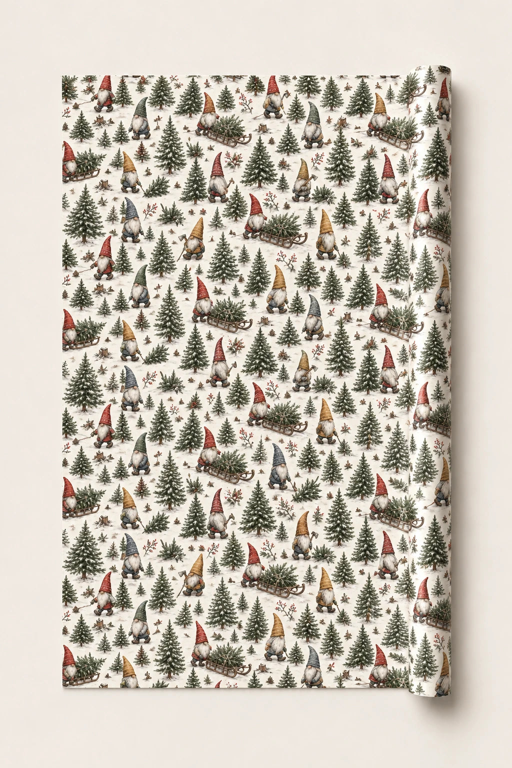 Tree Harvest Christmas gnome wrapping paper roll with colourful gonks, fir trees and sledges on a snowy pale background.