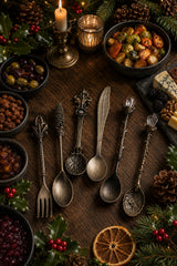 A styled holiday tabletop scene with ornate metal serving utensils laid out on a dark wooden table, surrounded by candles, pinecones, holly, cranberry sauce, roasted vegetables, blue cheese, and dried orange slices.