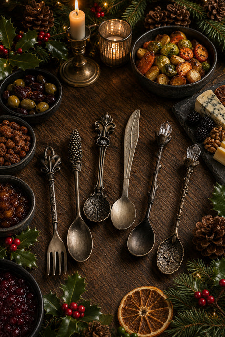 A styled holiday tabletop scene with ornate metal serving utensils laid out on a dark wooden table, surrounded by candles, pinecones, holly, cranberry sauce, roasted vegetables, blue cheese, and dried orange slices.