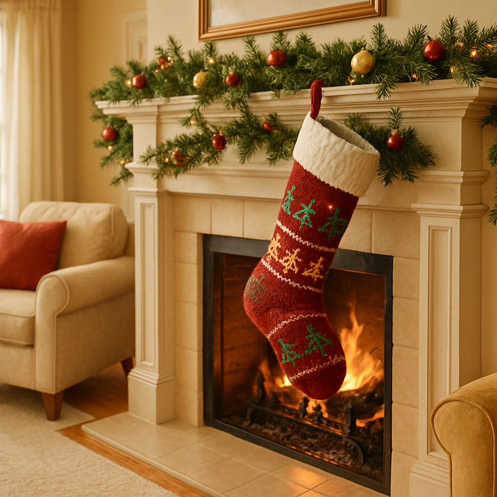 A Christmas stocking hanging beside a warmly lit fireplace.