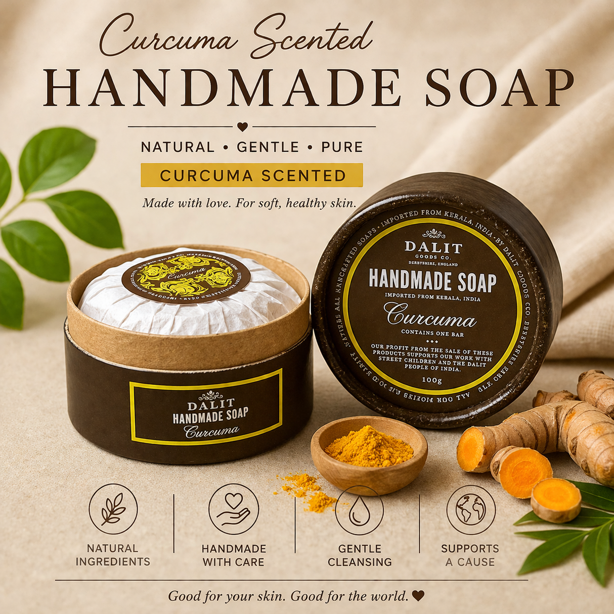handmade curcuma soap round bar in container