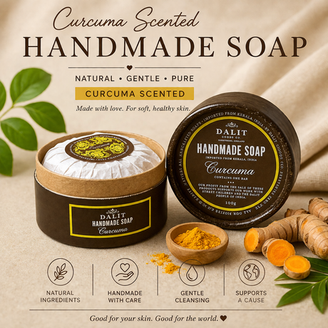handmade curcuma soap round bar in container