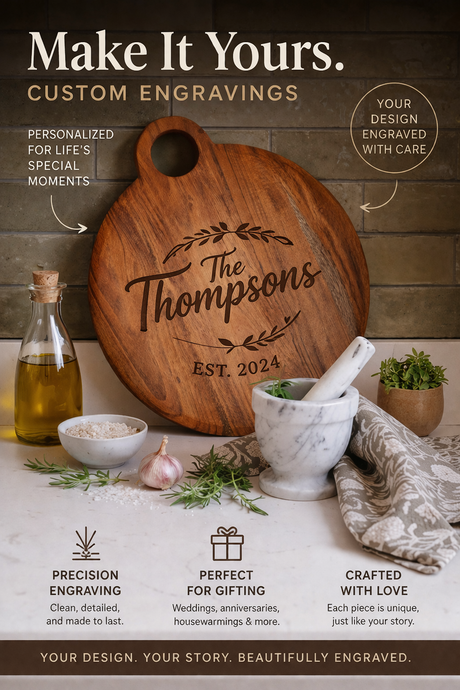 Wooden cutting board with engraved text 'The Thompsons' on a kitchen counter with various items.
