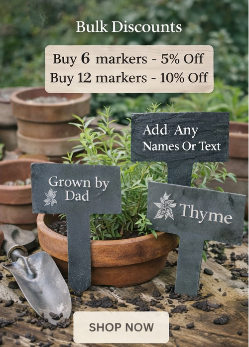 Garden markers with text, pots, and a trowel on a garden-themed background