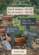 Garden markers with text, pots, and a trowel on a garden-themed background