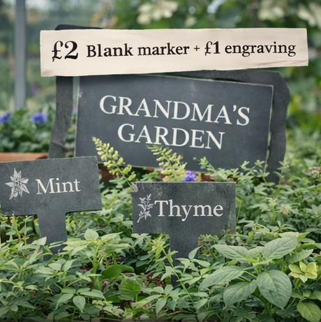 Advertisement for custom engraved slate plant markers with various promotional offers.