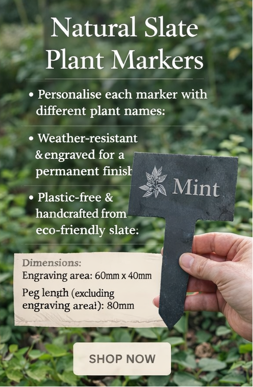 Advertisement for custom engraved slate plant markers with various promotional offers.