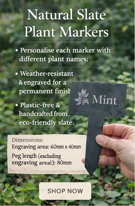 Advertisement for custom engraved slate plant markers with various promotional offers.