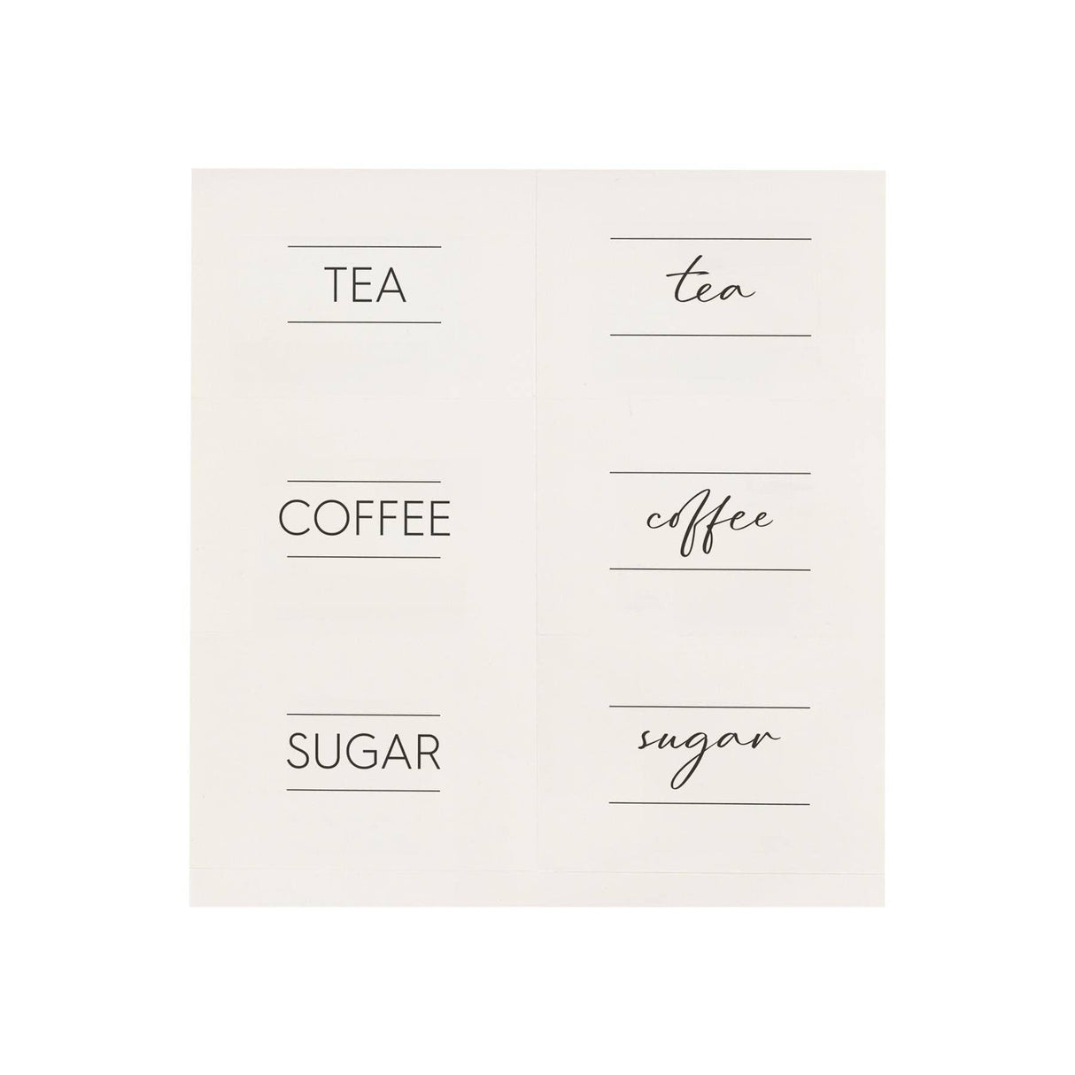 Set of four white labels with black text for tea, coffee, and sugar on a white background.