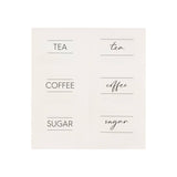 Set of four white labels with black text for tea, coffee, and sugar on a white background.