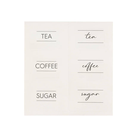 Set of four white labels with black text for tea, coffee, and sugar on a white background.