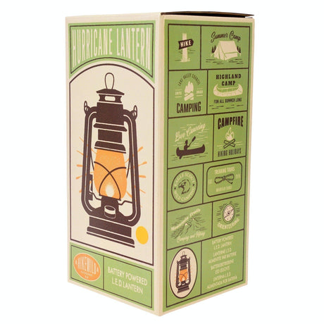Box packaging of a hurricane lantern with camping-themed graphics on a white background
