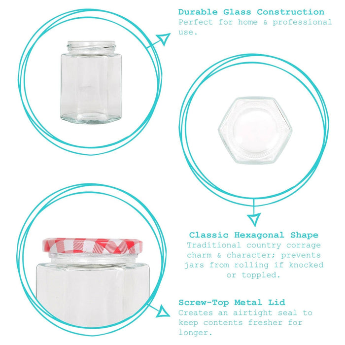 Glass jar with hexagonal shape, screw-top metal lid, and durable construction features.