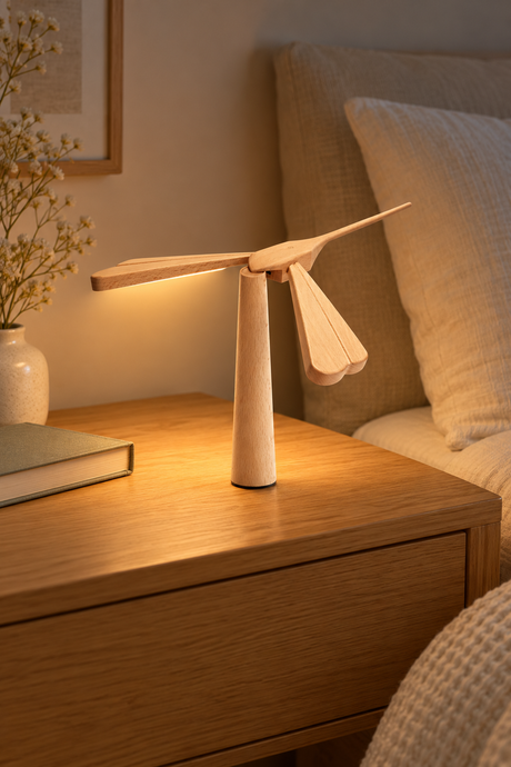 Maple Dragonflight Balance Light casting warm light beneath its wings on an oak bedside table beside cream linen bedding.