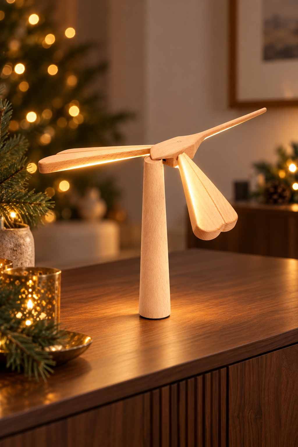 Maple Dragonflight Balance Light glowing on a walnut console with Christmas tree lights softly blurred in the background.