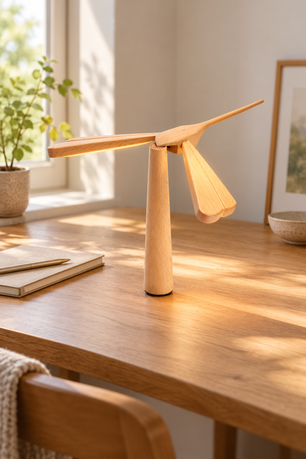 Maple Dragonflight Balance Light illuminated on a sunlit wooden desk beside a notebook, showing its sculptural wooden wings and stand.