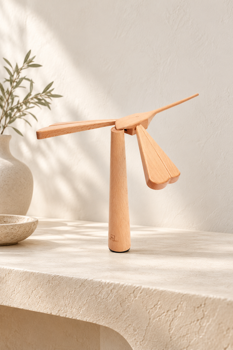 Maple Dragonflight Balance Light resting on its cylindrical wooden stand on an ivory console, with four outstretched wings and a raised tail.