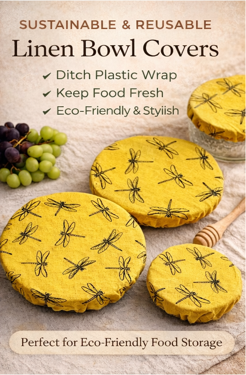 Yellow linen bowl covers with dragonfly pattern on a wooden surface with grapes and honey dipper, text about sustainability and benefits.