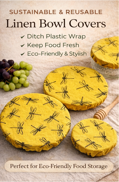 Yellow linen bowl covers with dragonfly pattern on a wooden surface with grapes and honey dipper, text about sustainability and benefits.