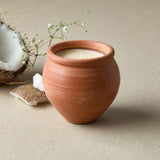 Terracotta pot with a candle on a beige surface with a coconut and flowers.