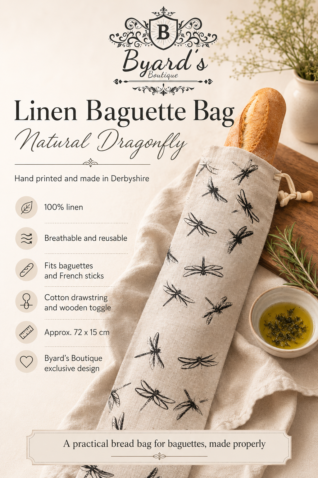 Natural linen baguette bag with an exclusive black Dragonfly design, hand printed and made in Derbyshire. Sized for French sticks, baguettes and longer artisan loaves, with a cotton drawstring, wooden toggle and hanging loop