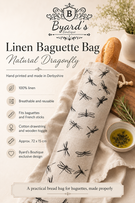 Natural linen baguette bag with an exclusive black Dragonfly design, hand printed and made in Derbyshire. Sized for French sticks, baguettes and longer artisan loaves, with a cotton drawstring, wooden toggle and hanging loop