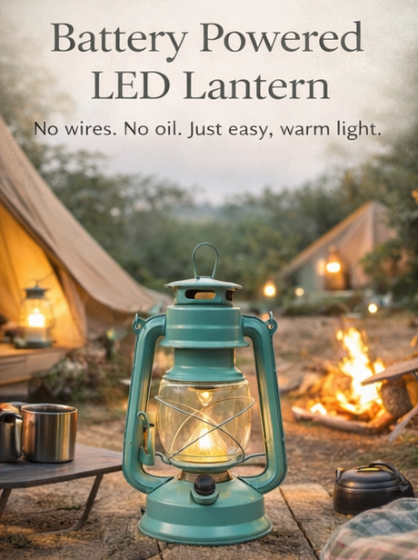 Battery-powered LED lanterns with camping scenes in the background