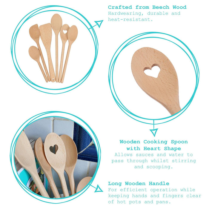Wooden cooking spoons with heart shapes, shown in various angles and settings.