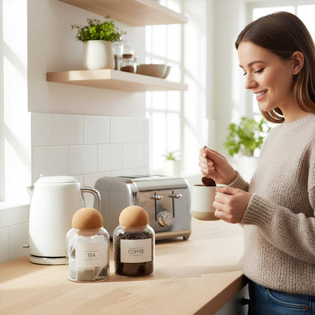 Woman in a kitchen holding a cup with a smiling expression, surrounded by coffee and tea jars.