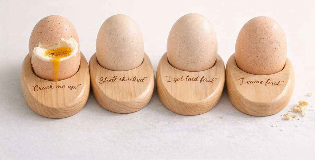 Four engraved wooden egg cups holding eggs, including a soft-boiled egg with a toast soldier.