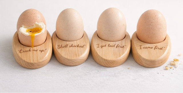 Set of wooden egg holders with engraved text on a wooden surface.
