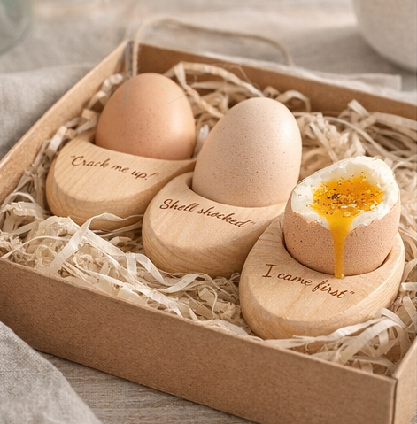Wooden eggs with humorous inscriptions in a box