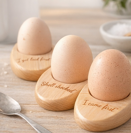 Wooden egg-shaped items with humorous inscriptions on a wooden surface.