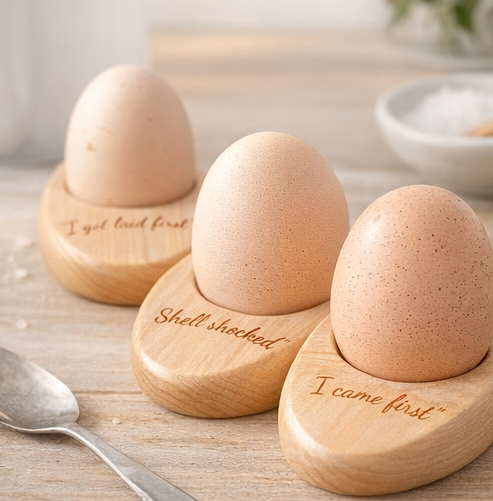 Wooden egg-shaped items with humorous inscriptions on a wooden surface.