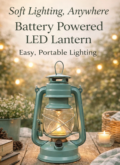 a battery-powered LED lantern with text describing its features.