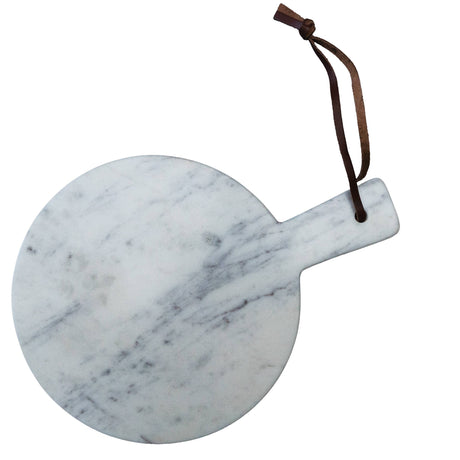 Marble-patterned cutting board with a handle on a white background