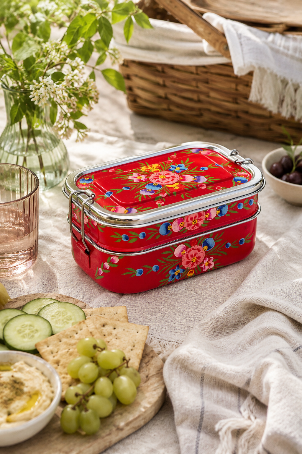 Red floral-patterned lunch box on a table with snacks and a plant