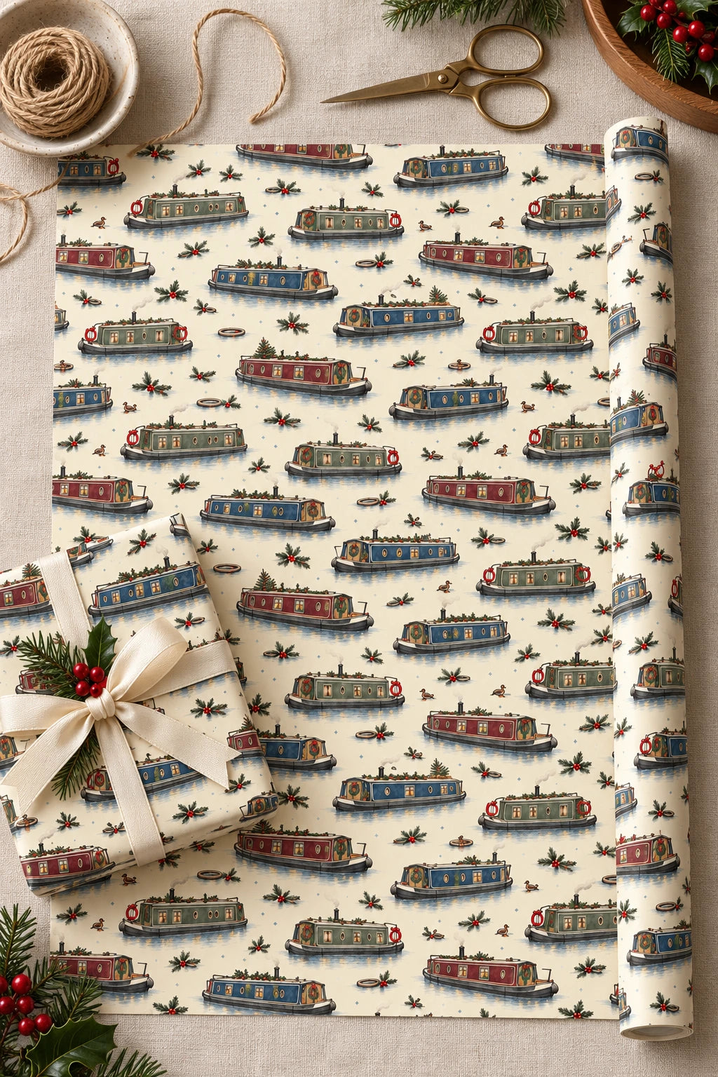 Festive narrowboat paper unrolled beside a cream-ribbon parcel and wrapping accessories.