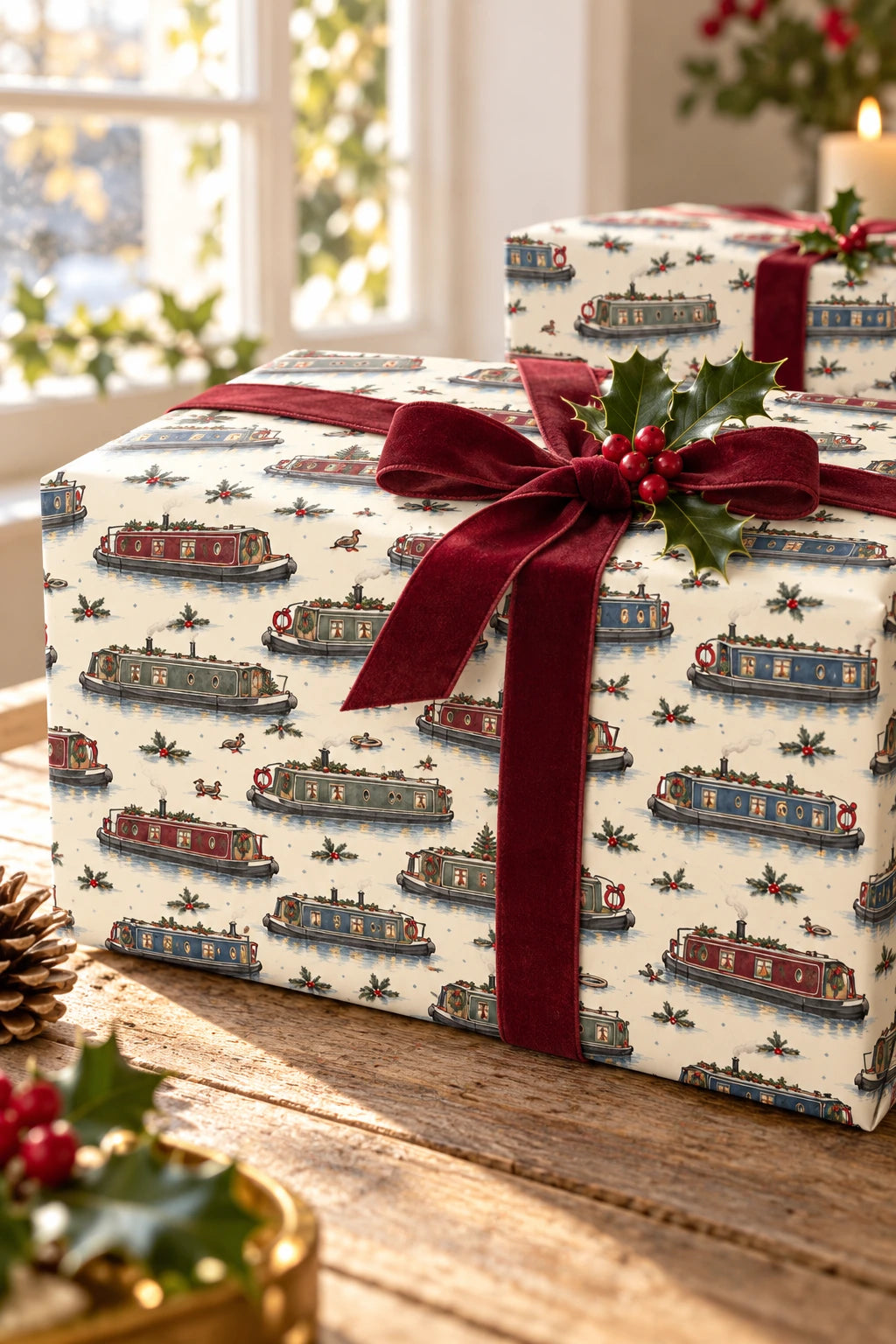 Close-up of a narrowboat Christmas gift wrapped with burgundy ribbon and holly.