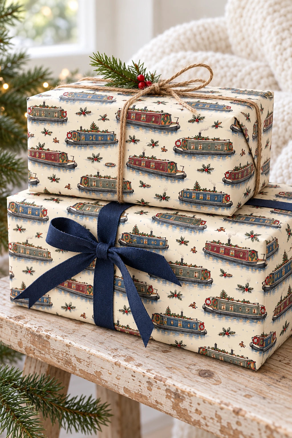 Two canal boat Christmas parcels tied with navy ribbon and natural twine on a pale wooden bench.