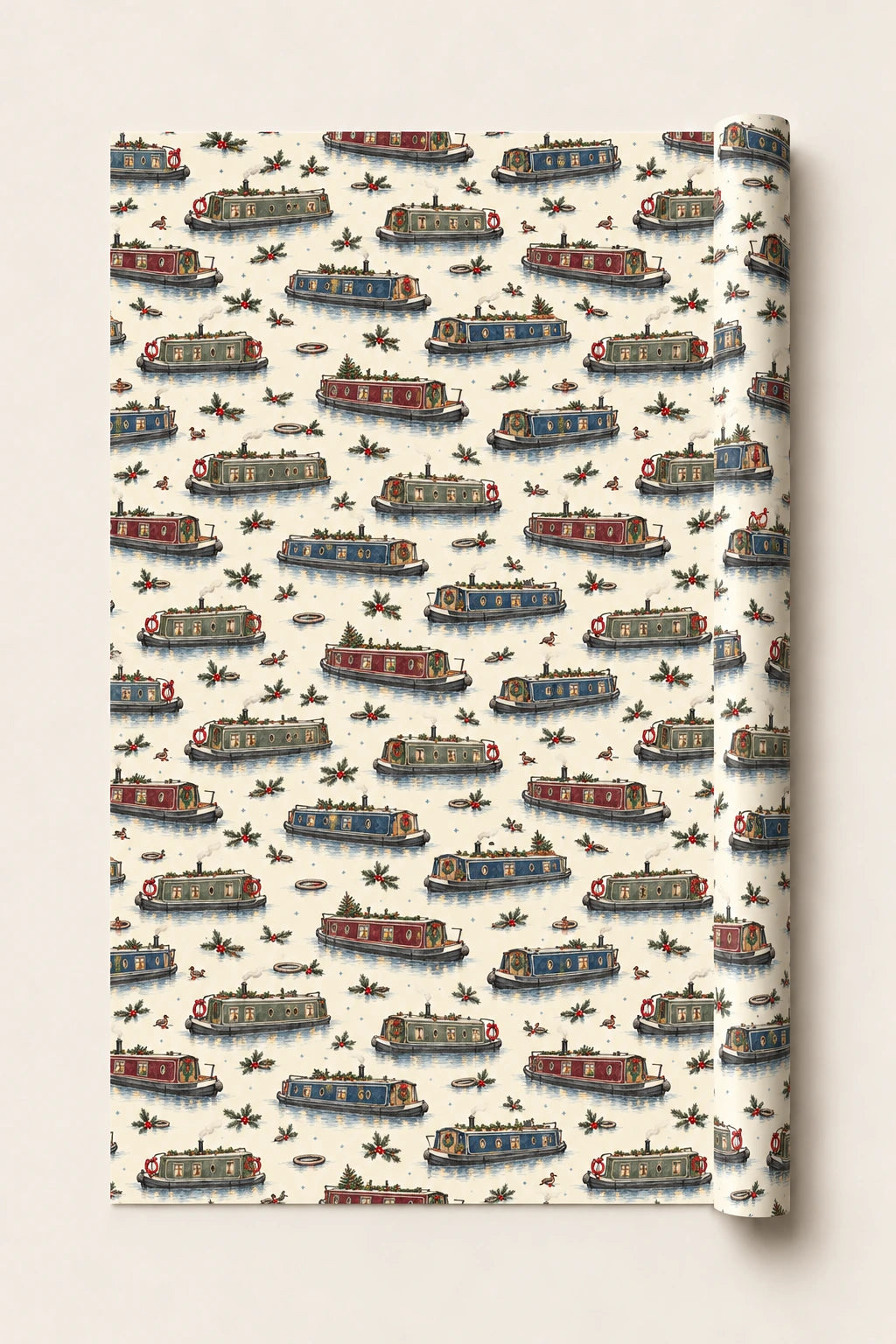 Festive narrowboat Christmas wrapping paper roll with decorated red, green and blue canal boats on cream.