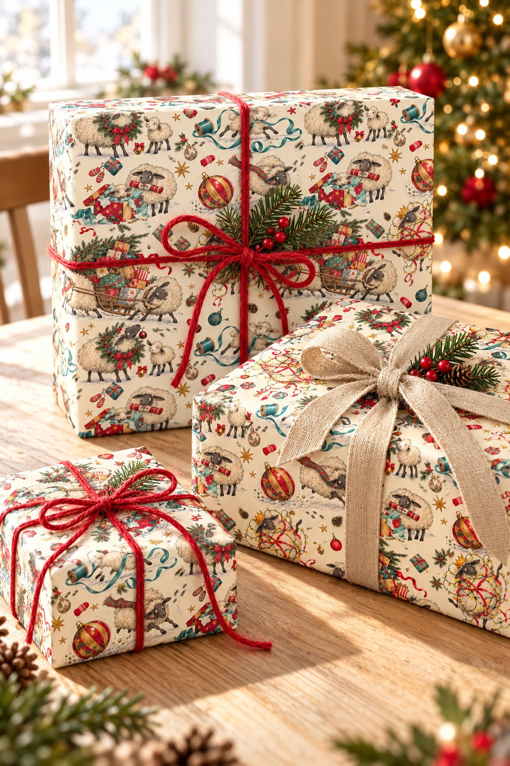 Three Christmas presents in festive sheep paper with red and natural bows on an oak table.